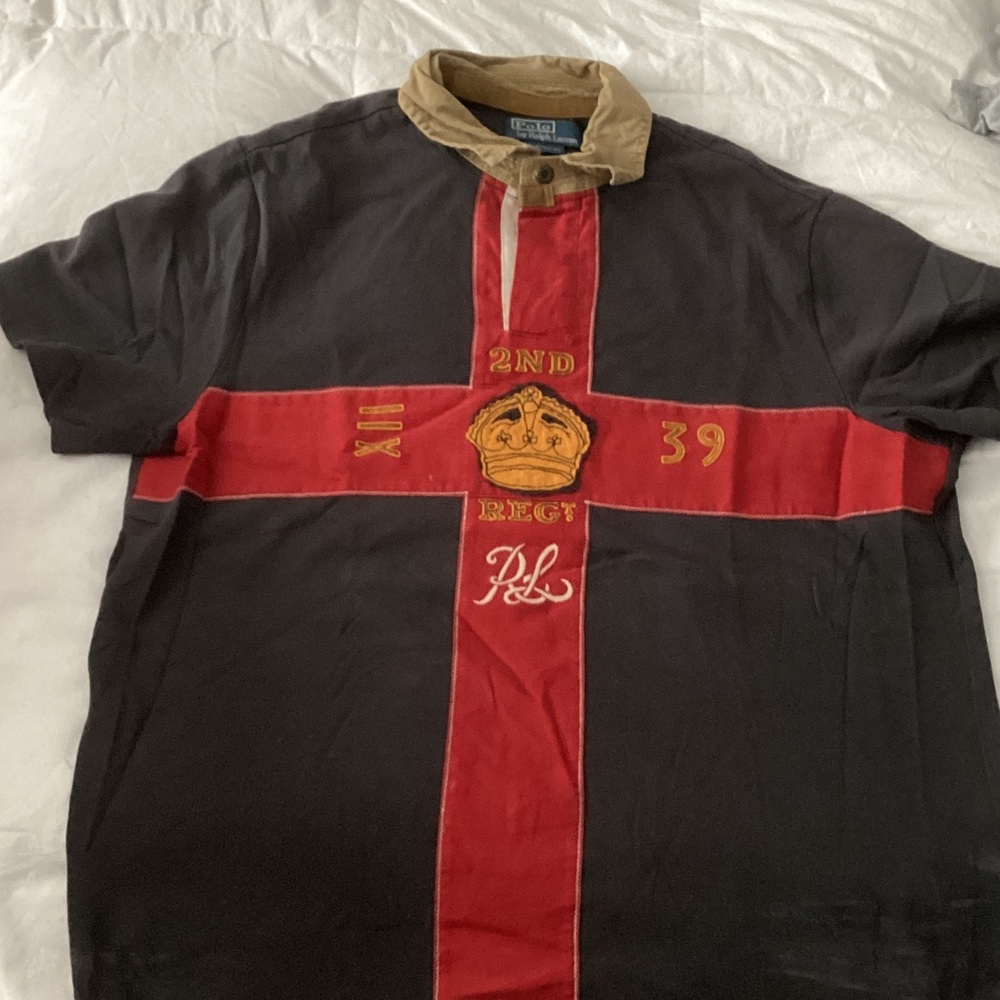 Polo Ralph Lauren Black Polo with Red Cross Panel and Khaki Collar.
